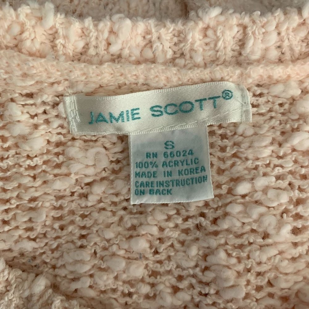 Vintage 80s Boucle Knit Sweater S Pink Embroidered Rose Applique Beaded Pullover - Picture 6 of 6